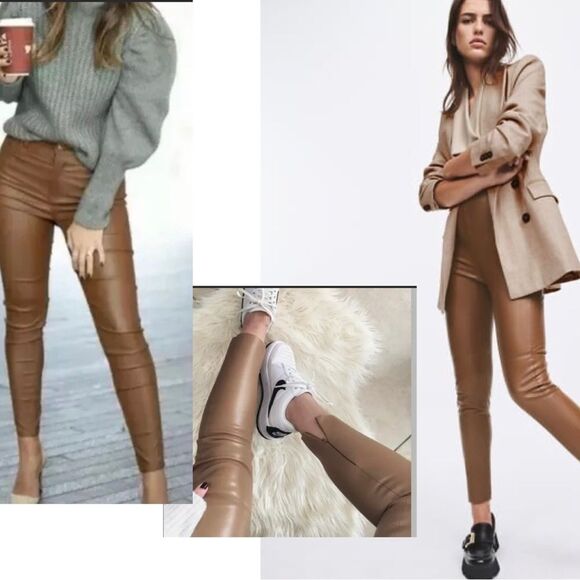 ZARA camel brown faux leather vegan hi-rise leggings Sz S - Picture 3 of 17